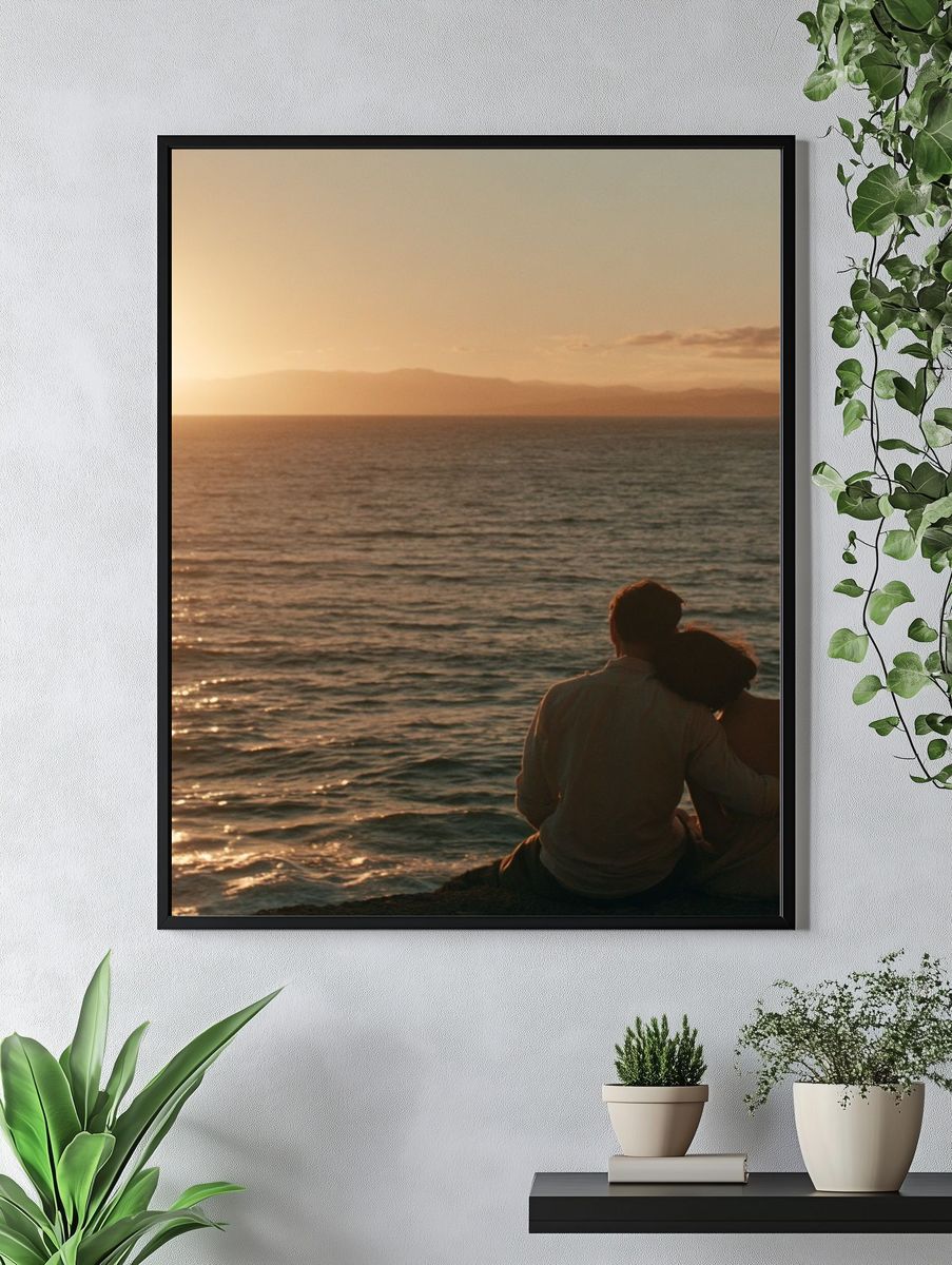 Sunset Couple by the Sea Photography Poster. — room view 4