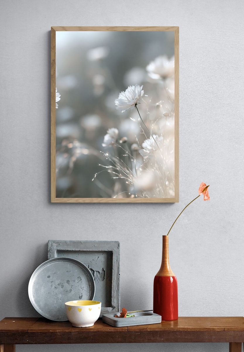 Soft White Wildflowers Photography Poster. — room view 3