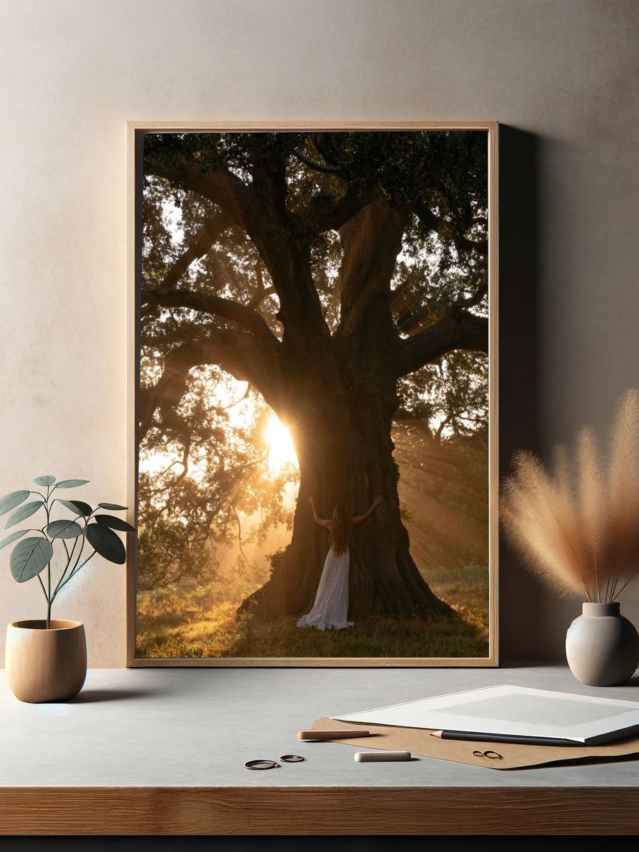 Sunlit Oak Tree Photography Poster. — room view 2