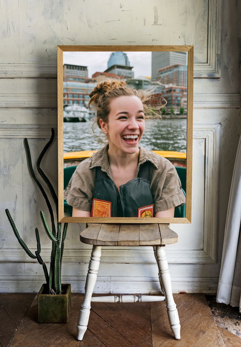 Smiling Woman on Harbor Boat Poster. — room view 1