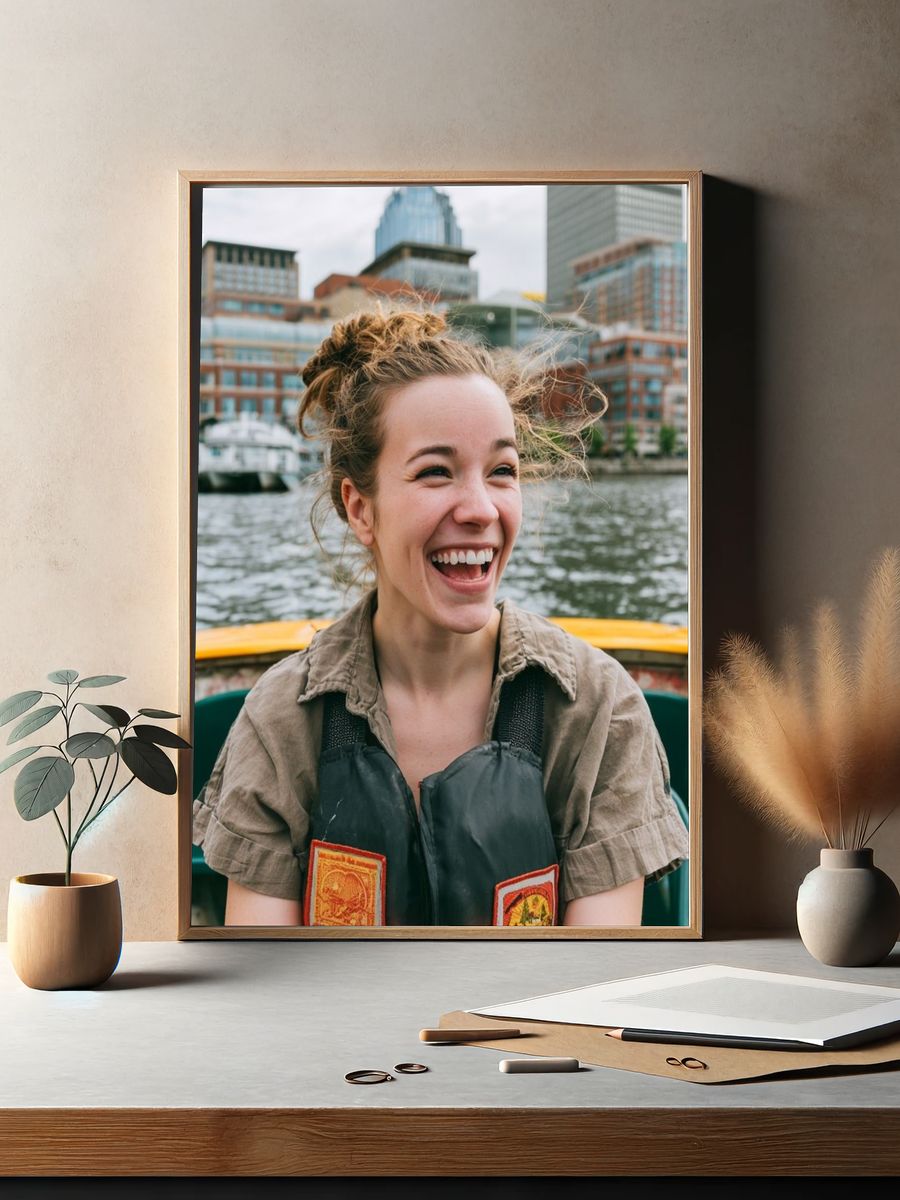 Smiling Woman on Harbor Boat Poster. — room view 2