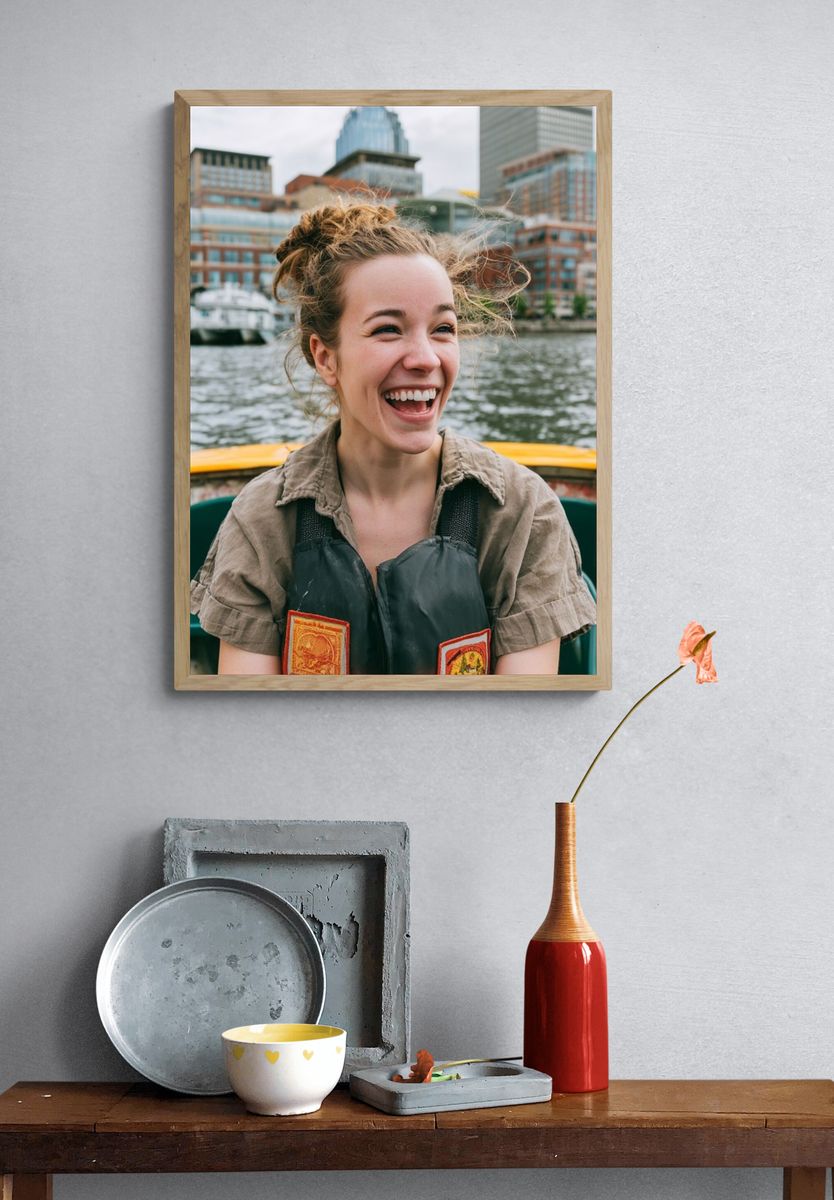 Smiling Woman on Harbor Boat Poster. — room view 3
