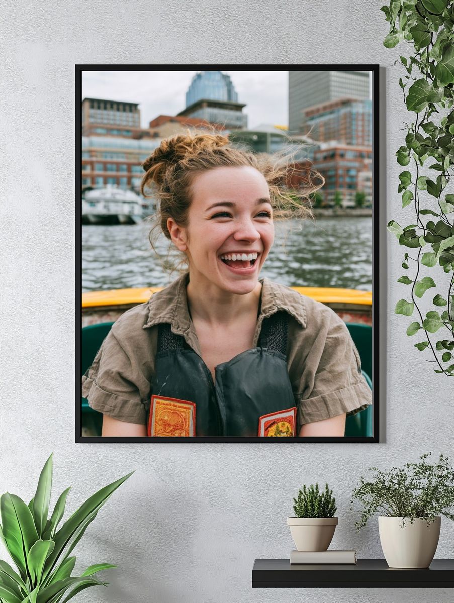 Smiling Woman on Harbor Boat Poster. — room view 4