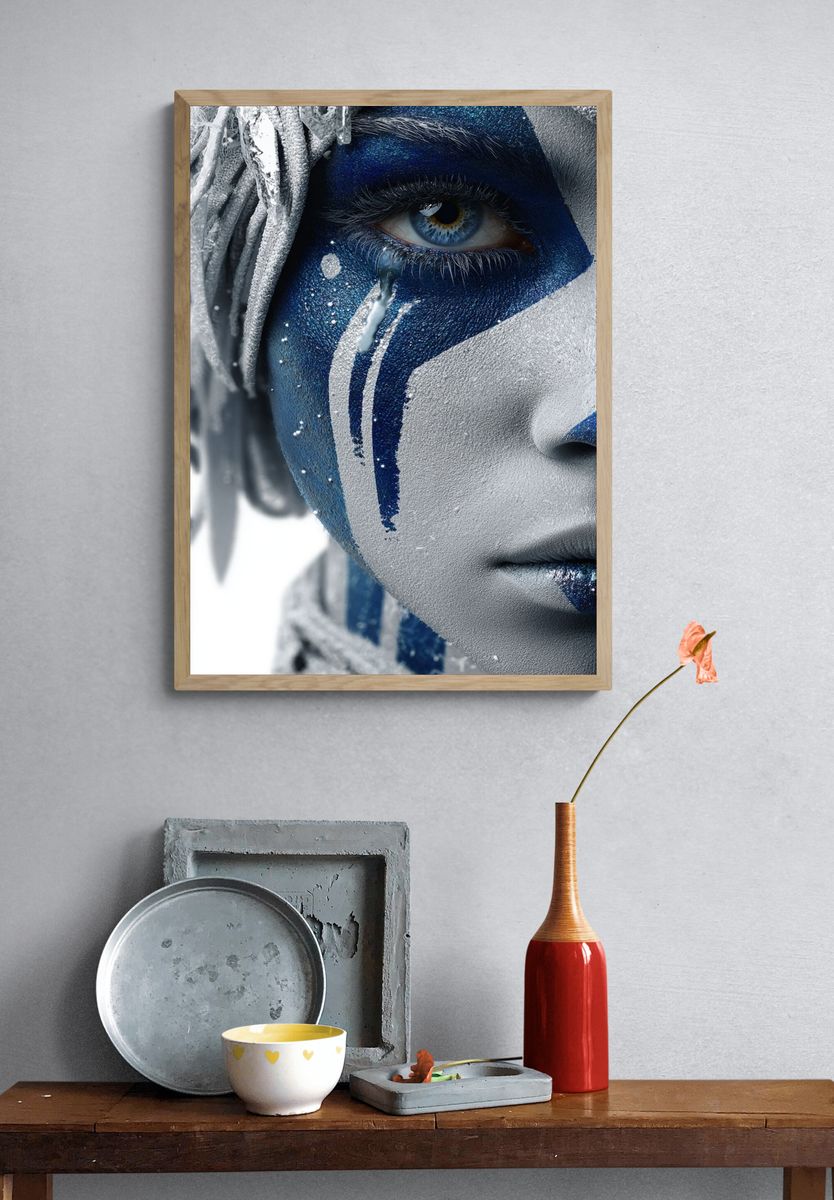 Blue Face Paint Portrait Poster. — room view 3