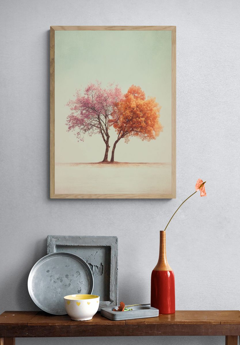 Autumn Twin Trees Photography Poster. — room view 3