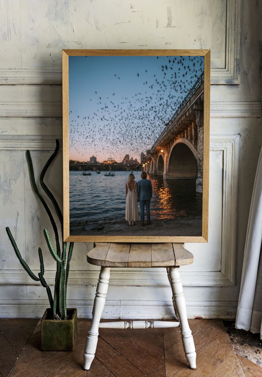 Twilight Bridge Birds Photography Poster. room preview