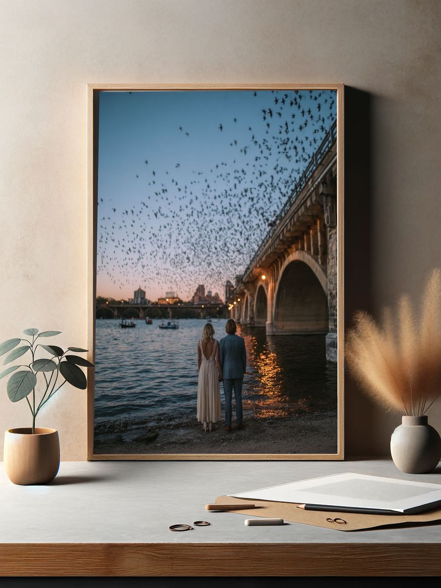 Twilight Bridge Birds Photography Poster. — room view 2