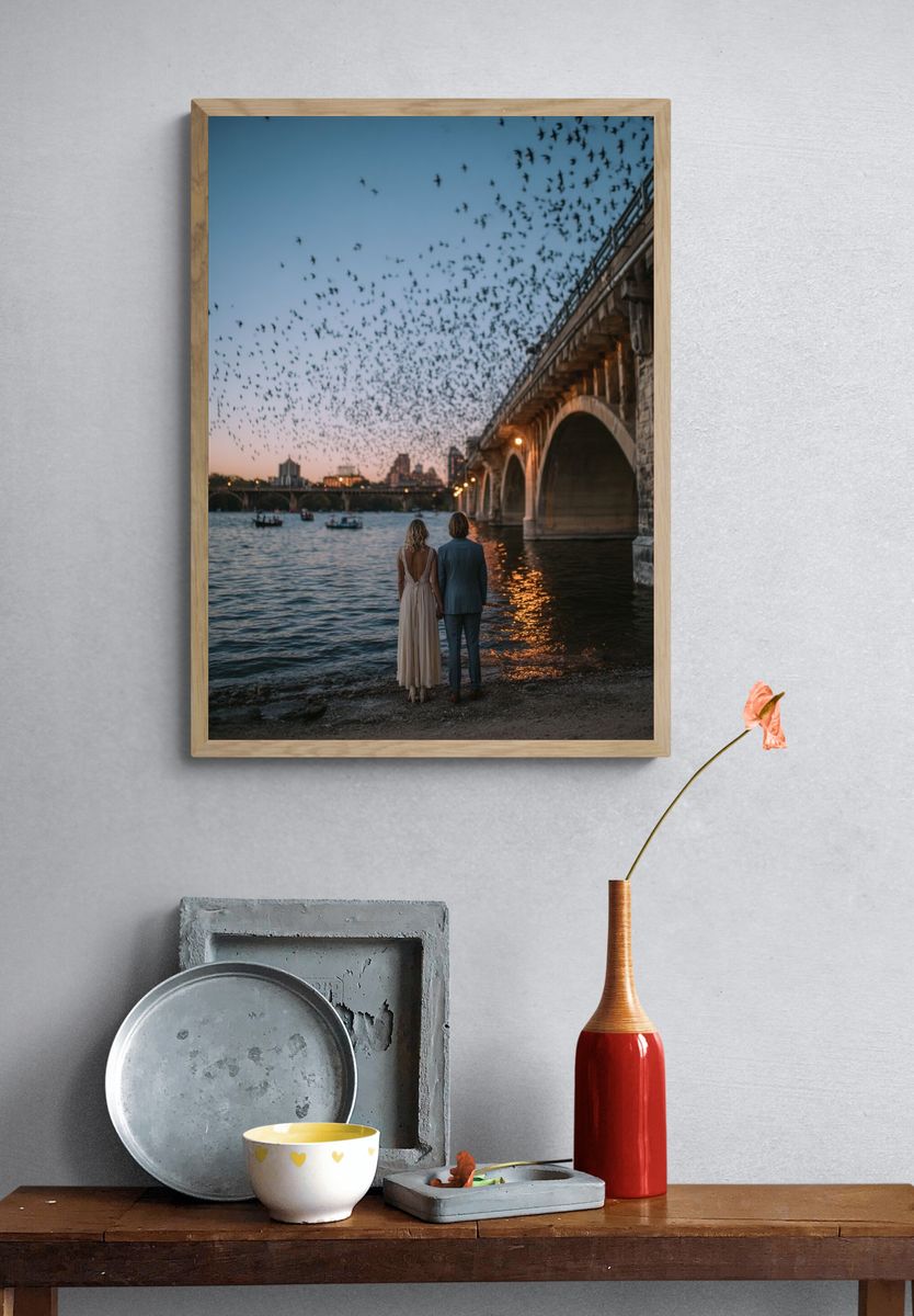 Twilight Bridge Birds Photography Poster. — room view 3