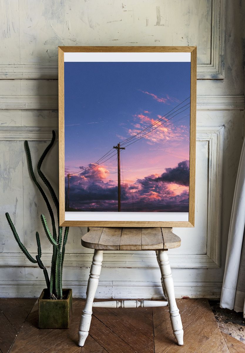 Sunset Power Lines Photography Poster. — room view 1