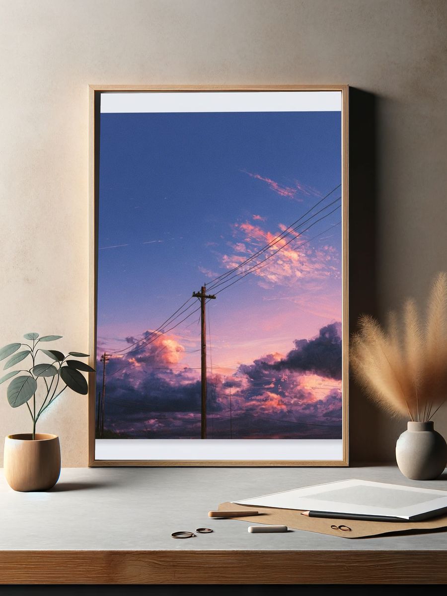 Sunset Power Lines Photography Poster. — room view 2