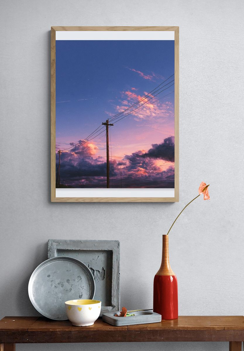 Sunset Power Lines Photography Poster. — room view 3