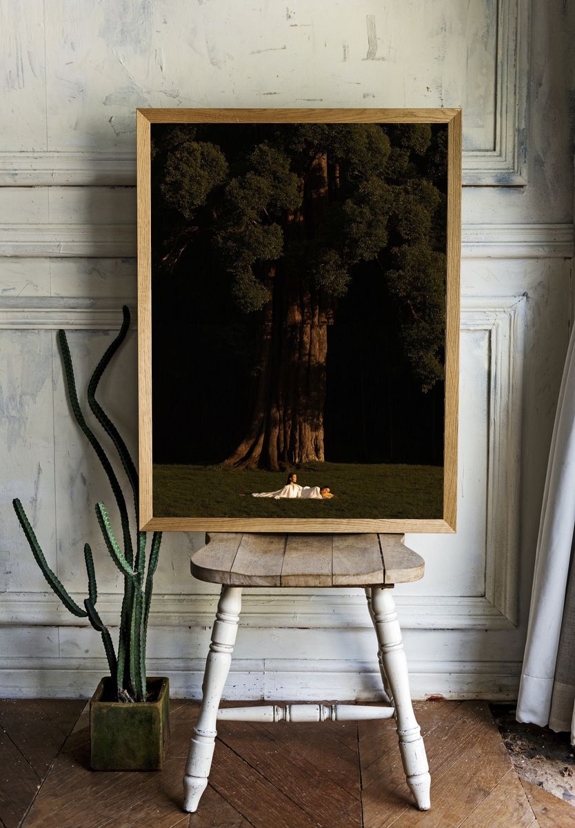 Sunlit Tree and Figures Photography Poster. room preview