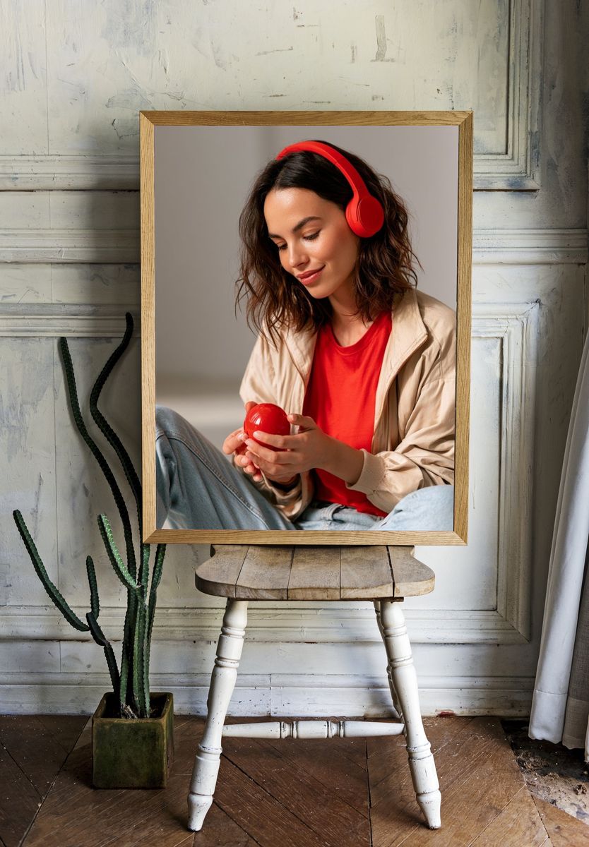 Woman with Red Headphones Photography Poster. — room view 1