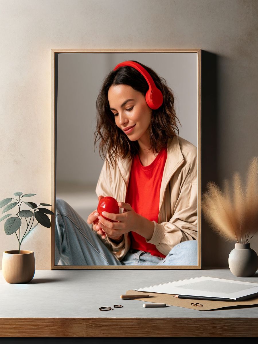 Woman with Red Headphones Photography Poster. — room view 2