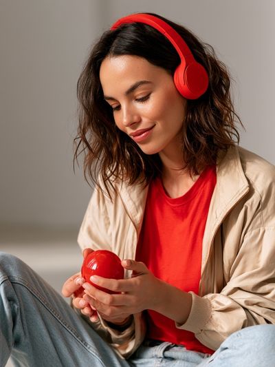 Woman with Red Headphones Photography Poster.