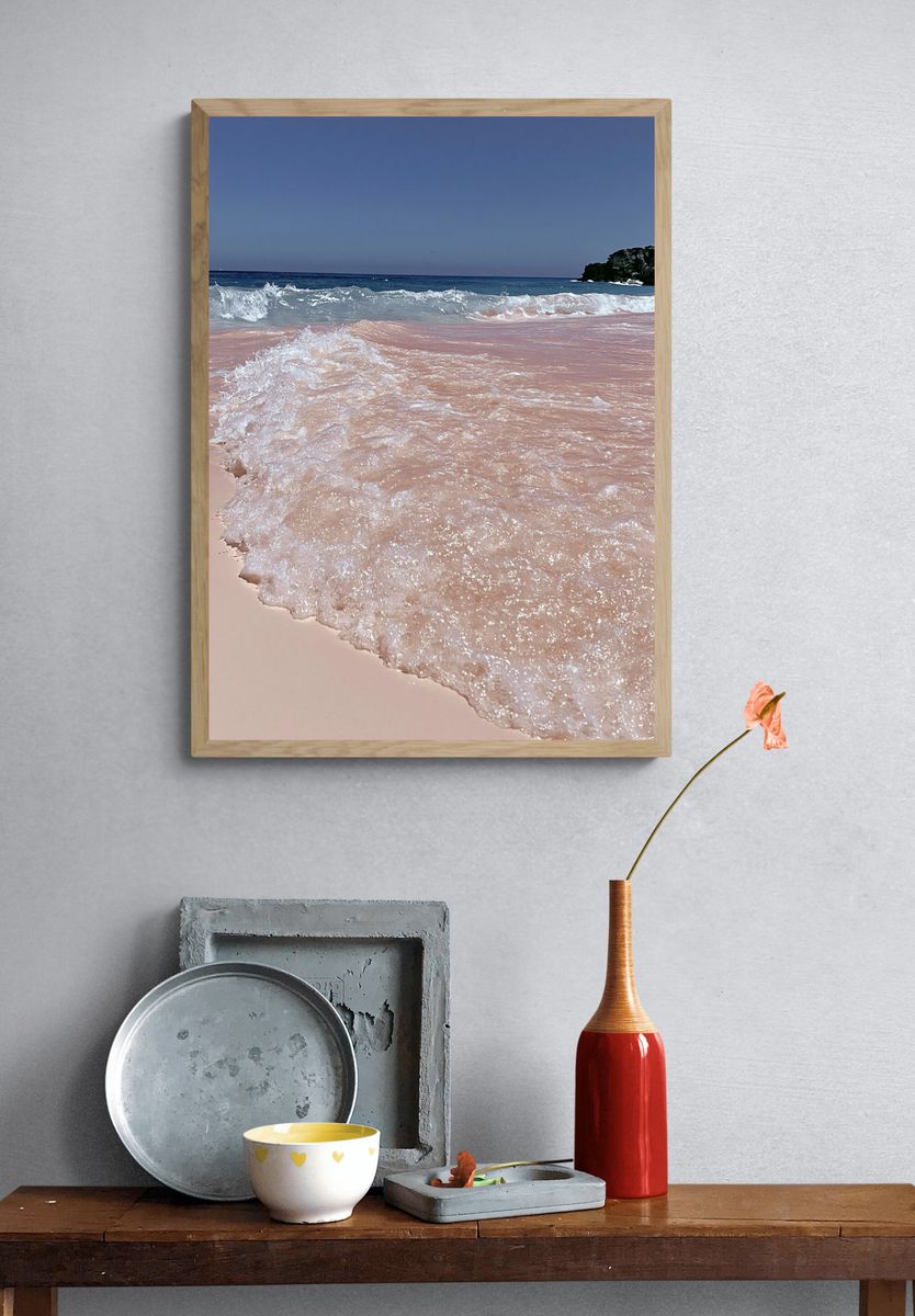 Pink Shoreline Ocean Photography Poster. — room view 3