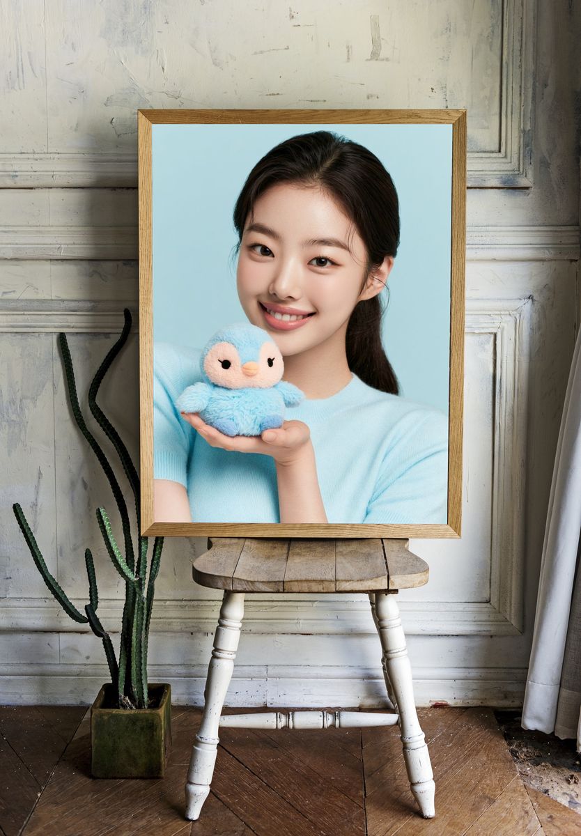 Smiling Girl with Plush Penguin Poster. room preview