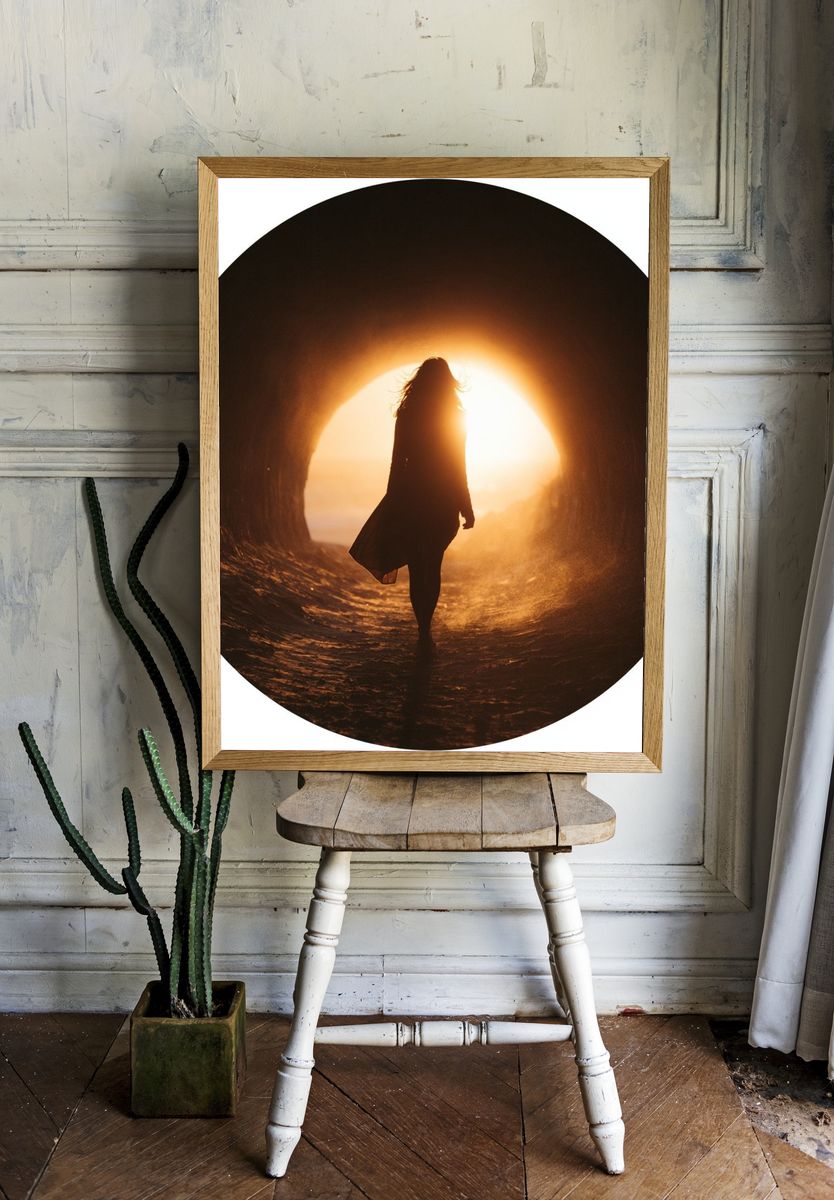 Silhouette in Tunnel Sunset Photography Poster. — room view 1