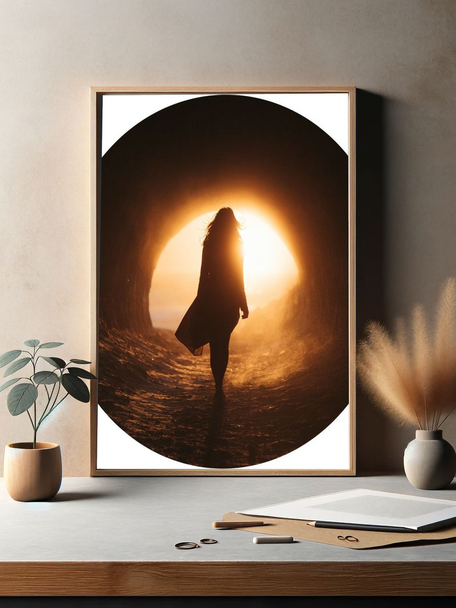 Silhouette in Tunnel Sunset Photography Poster. — room view 2