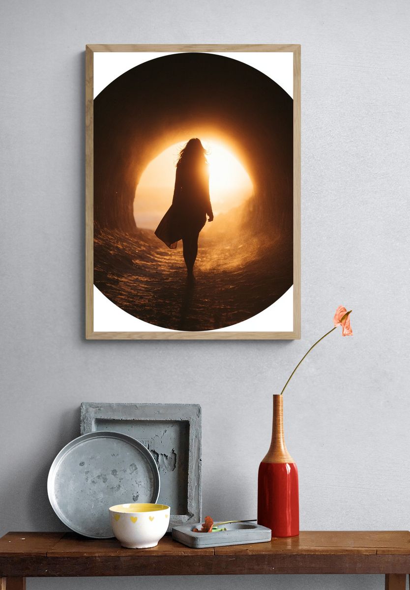 Silhouette in Tunnel Sunset Photography Poster. — room view 3