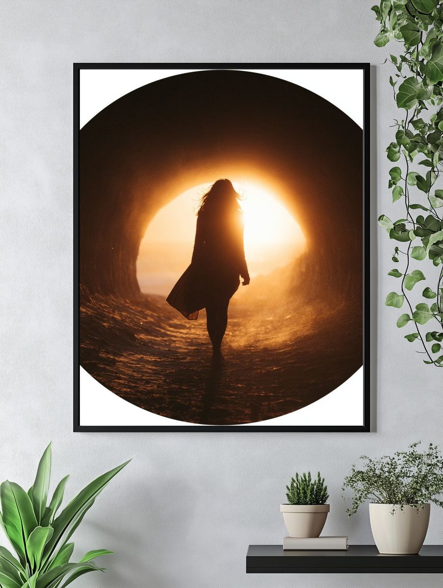 Silhouette in Tunnel Sunset Photography Poster. — room view 4