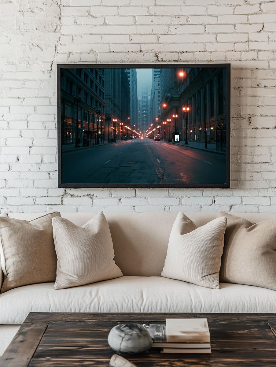 Foggy City Street Photography Poster. room preview