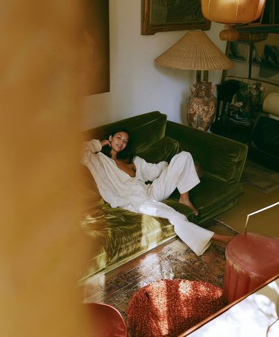 Velvet Sofa Portrait Photography Print. poster