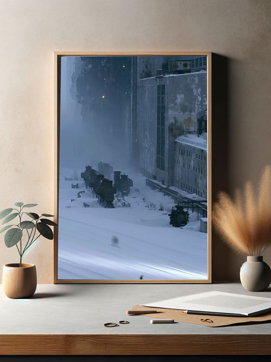 Snowy Industrial Cityscape Photography Poster. — room view 2