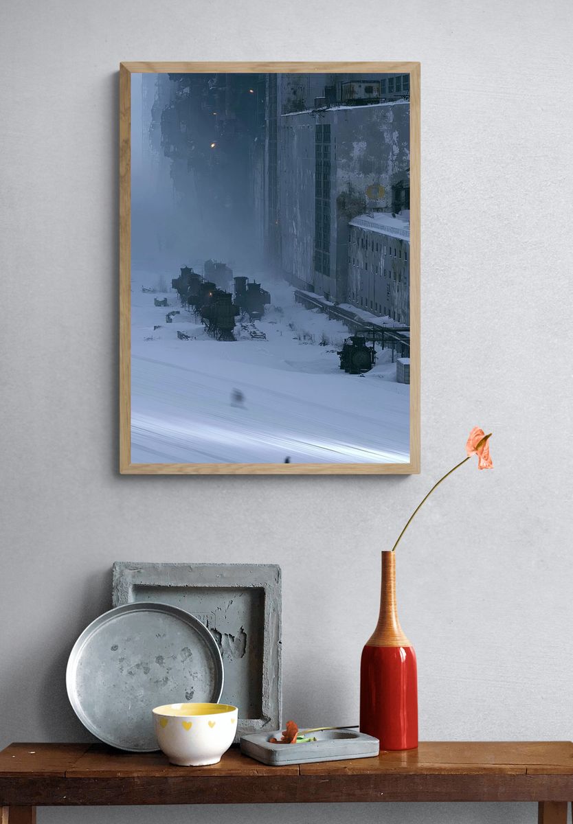 Snowy Industrial Cityscape Photography Poster. — room view 3