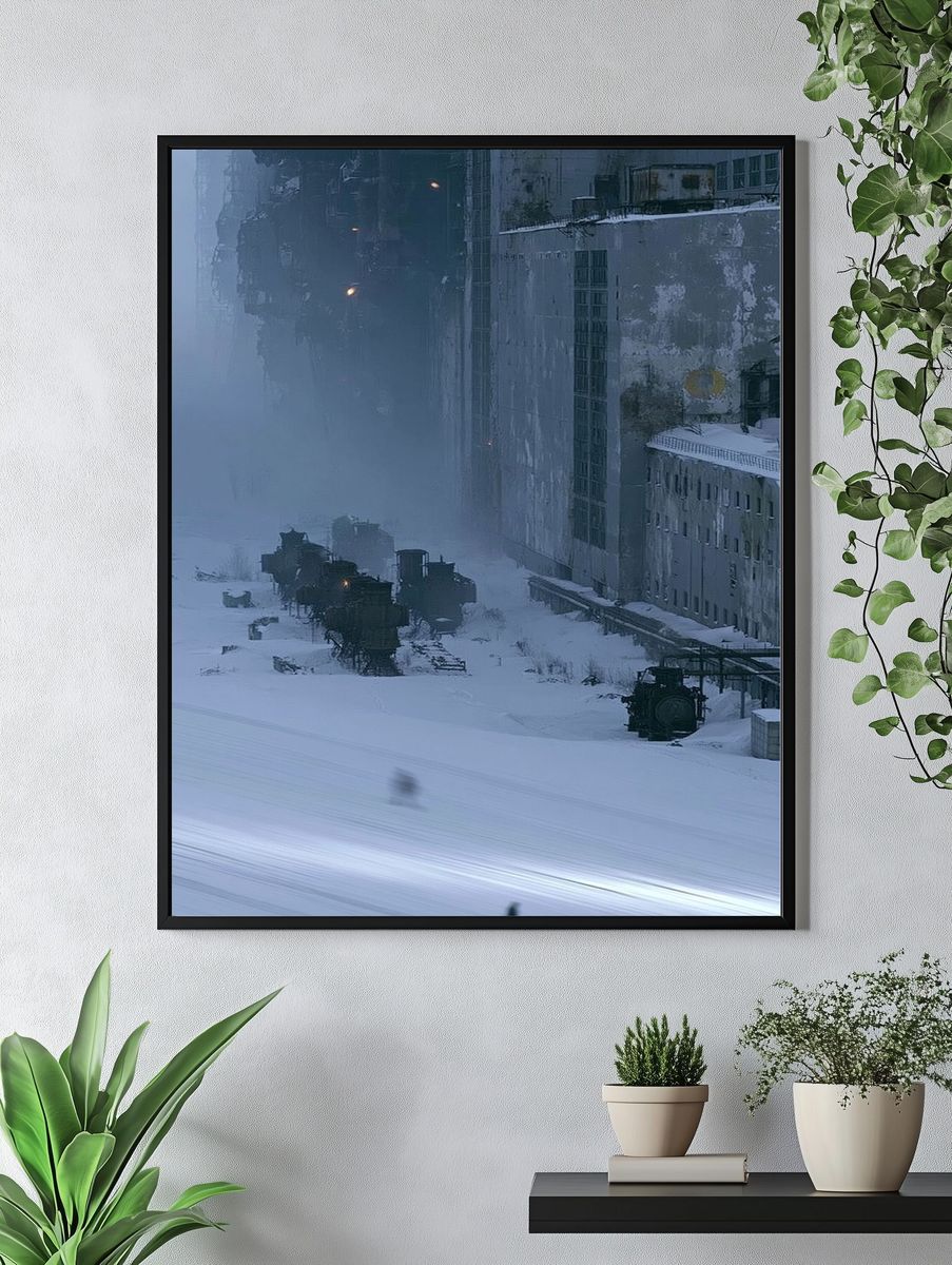 Snowy Industrial Cityscape Photography Poster. — room view 4