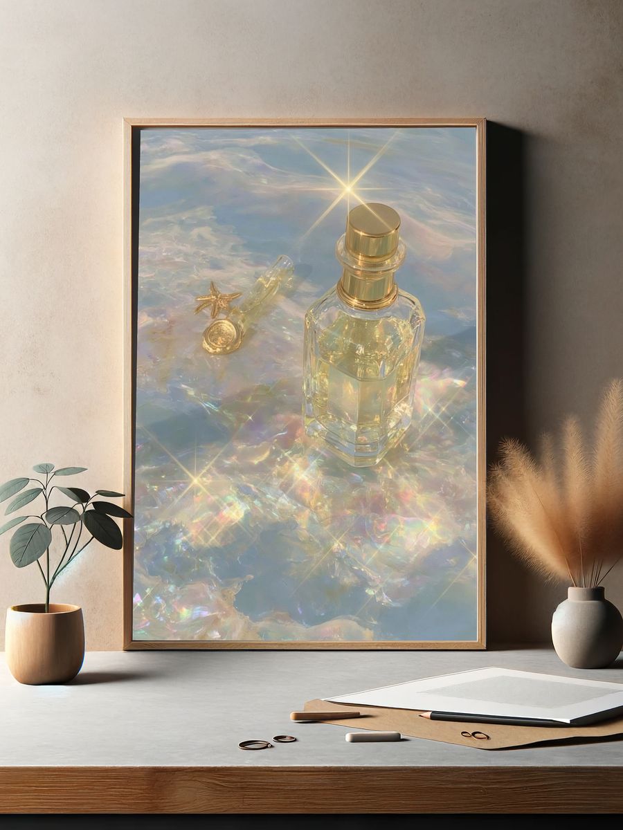Golden Perfume Bottle Aesthetic Poster. — room view 2