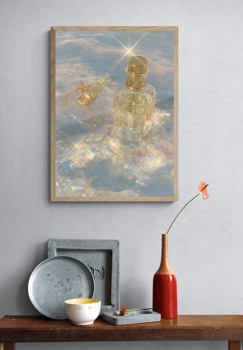 Golden Perfume Bottle Aesthetic Poster. — room view 3