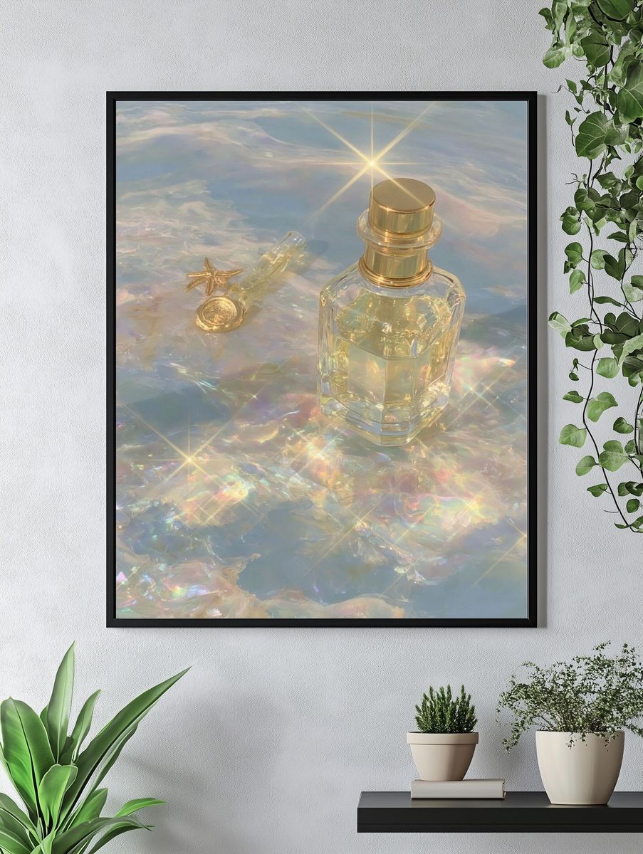 Golden Perfume Bottle Aesthetic Poster. — room view 4