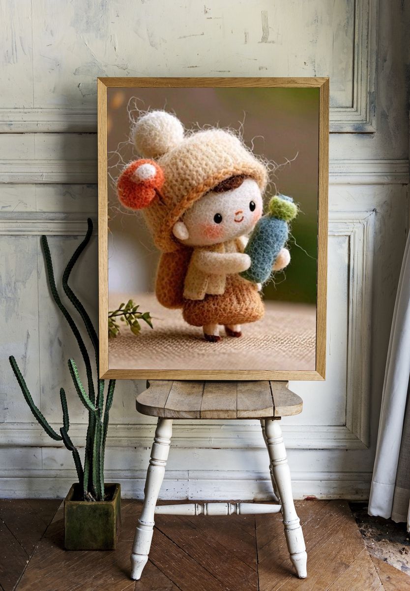 Knitted Doll with Cactus Illustration Print. room preview