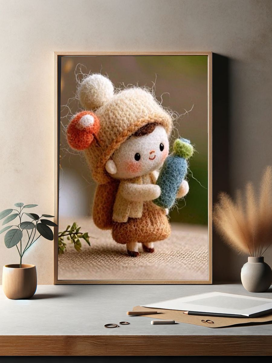 Knitted Doll with Cactus Illustration Print. — room view 2