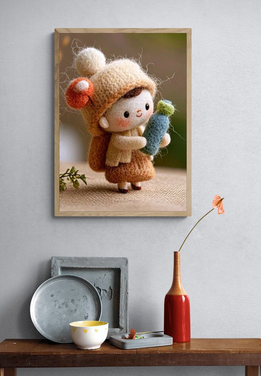 Knitted Doll with Cactus Illustration Print. — room view 3