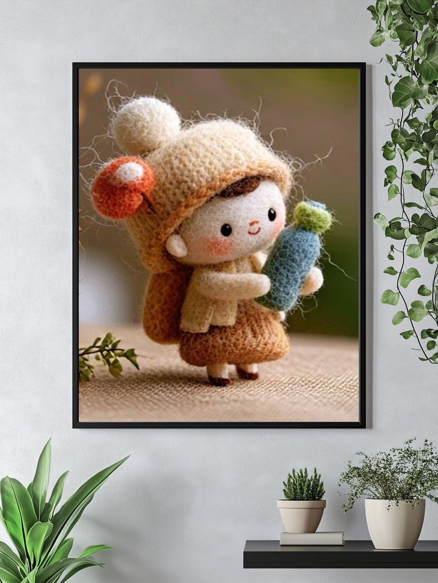 Knitted Doll with Cactus Illustration Print. — room view 4