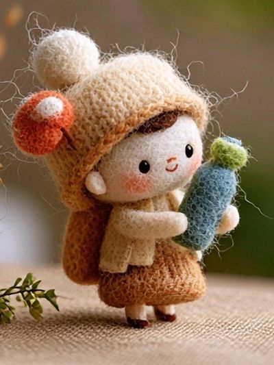 Knitted Doll with Cactus Illustration Print.
