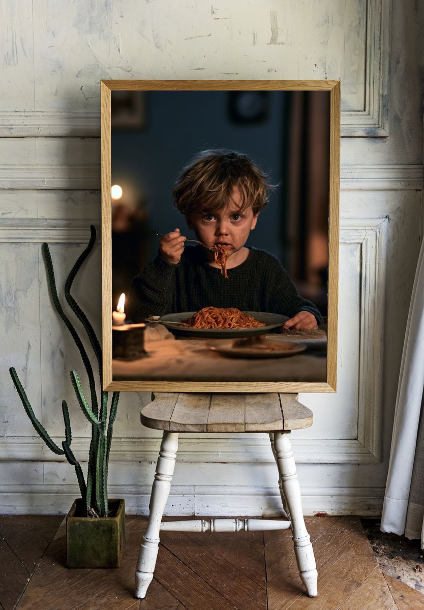 Child Eating Spaghetti Photography Poster. room preview