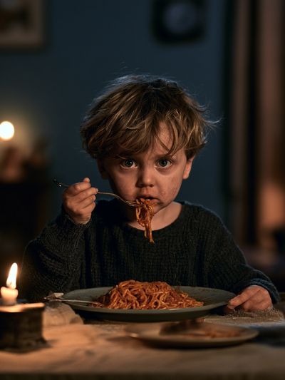 Child Eating Spaghetti Photography Poster.