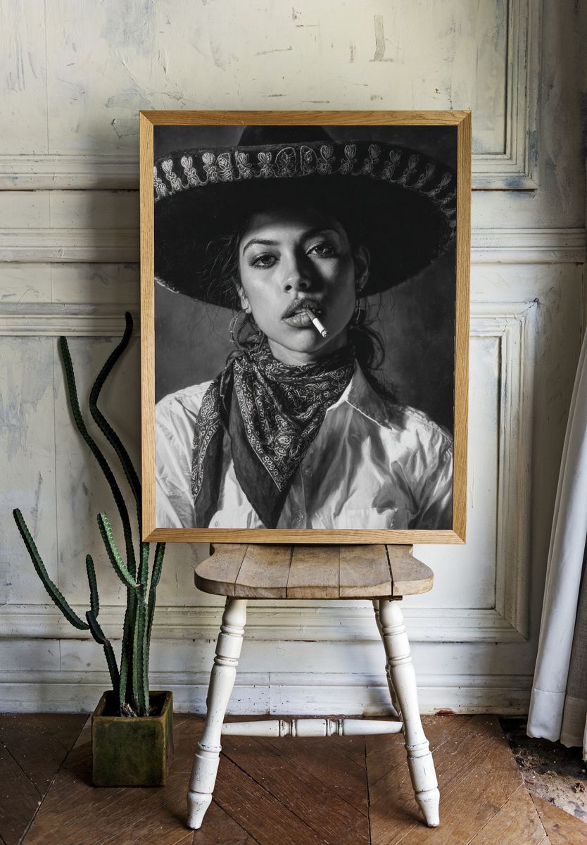 Cowgirl Portrait Black-White Poster. — room view 1