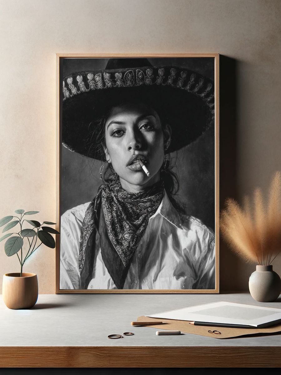 Cowgirl Portrait Black-White Poster. — room view 2