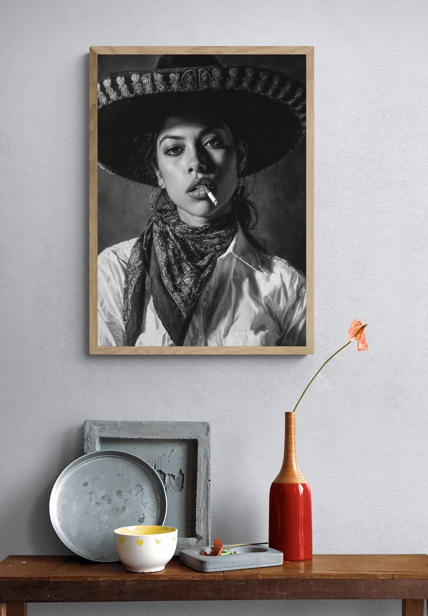 Cowgirl Portrait Black-White Poster. — room view 3