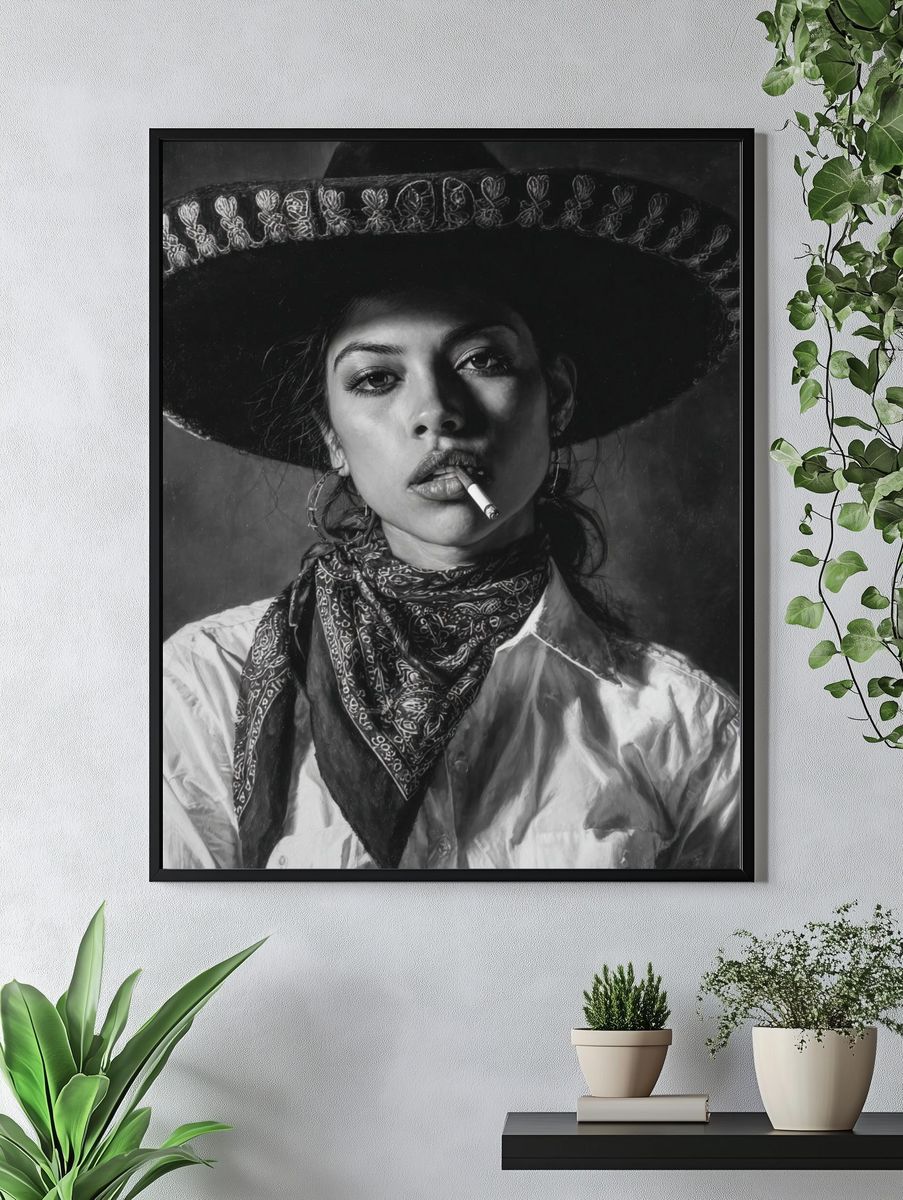Cowgirl Portrait Black-White Poster. — room view 4