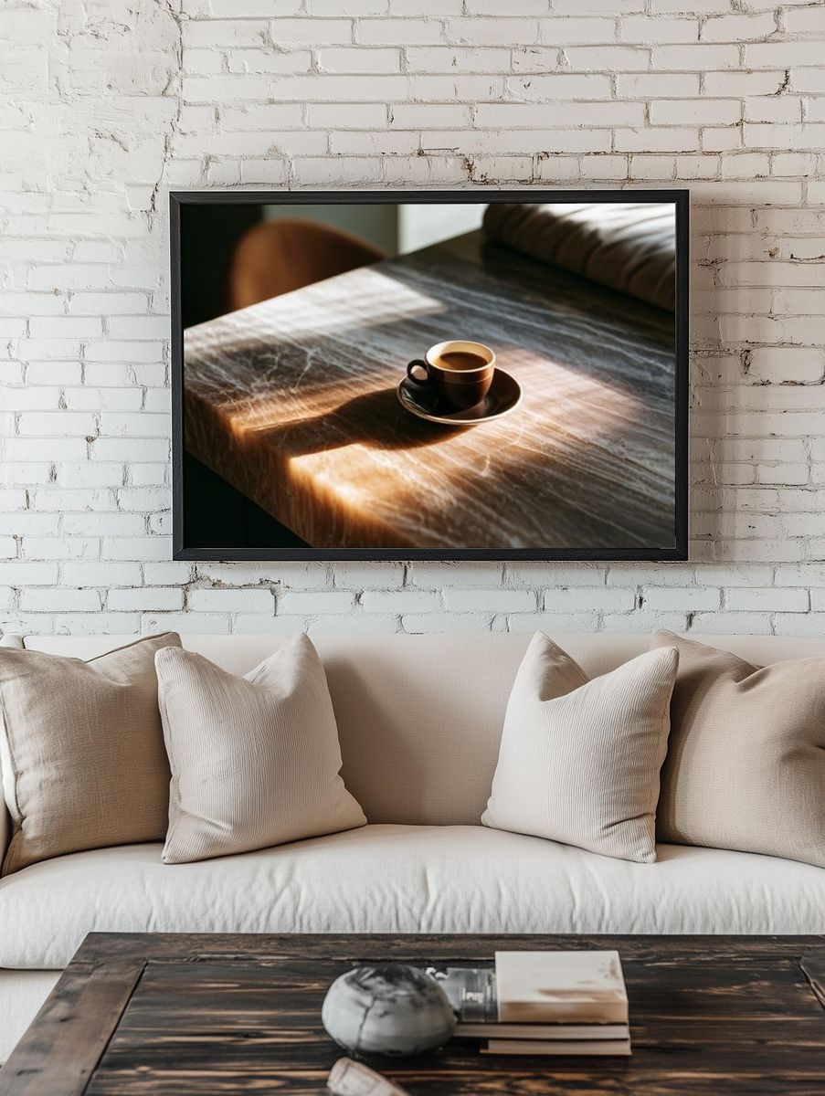 Sunlit Coffee Table Photography Poster. room preview