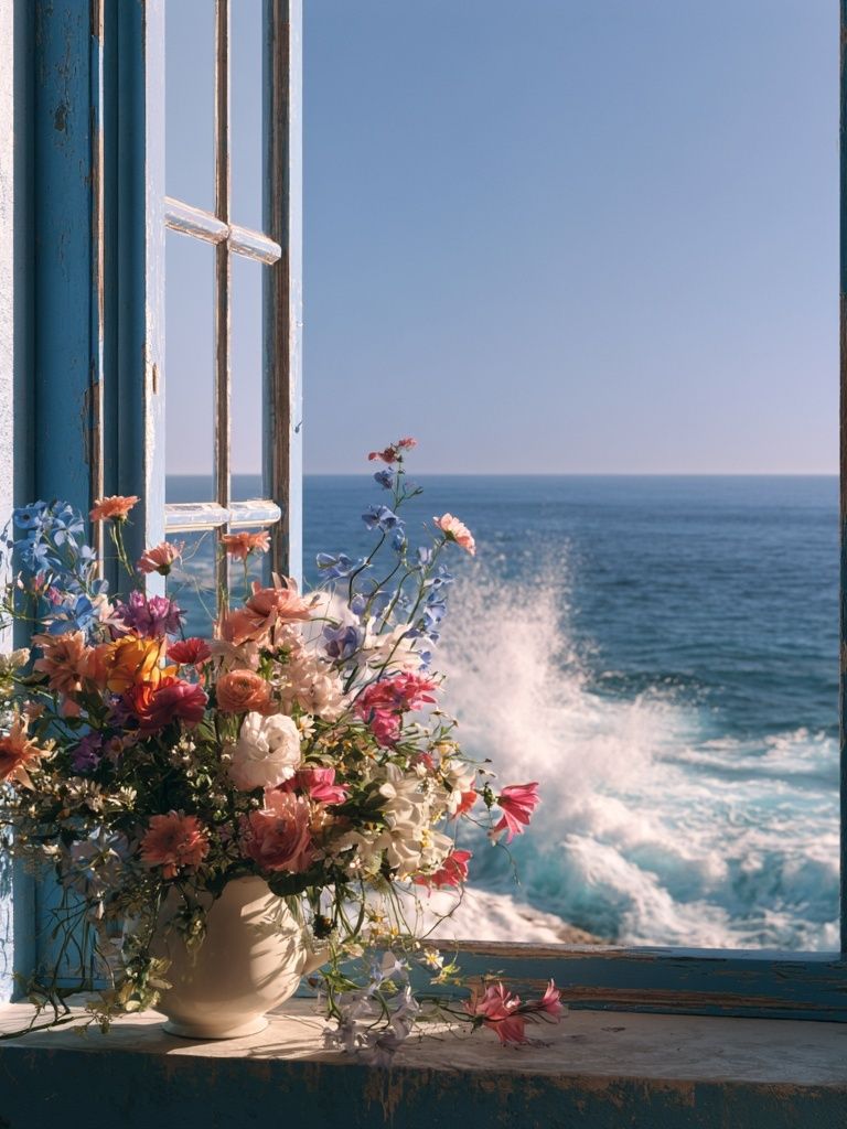 Seaside Window Flowers Photography Poster. poster detail