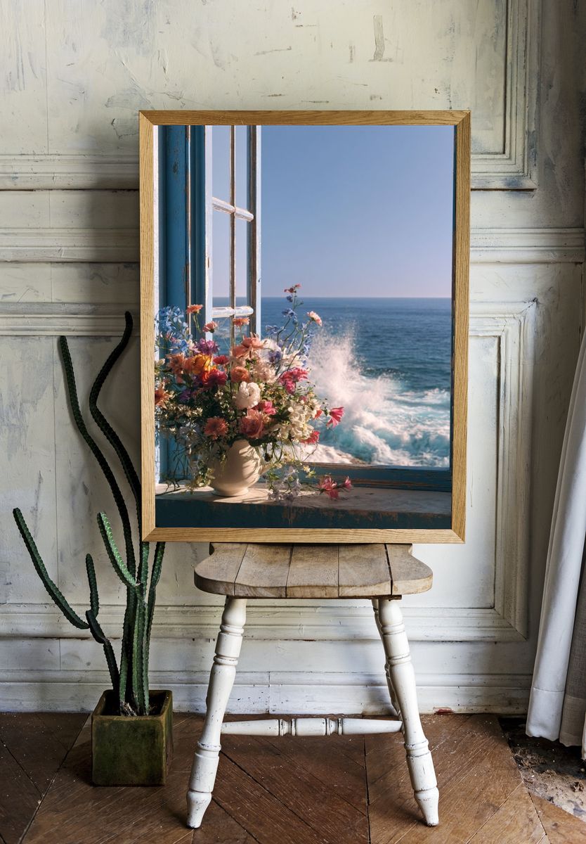 Seaside Window Flowers Photography Poster. room preview