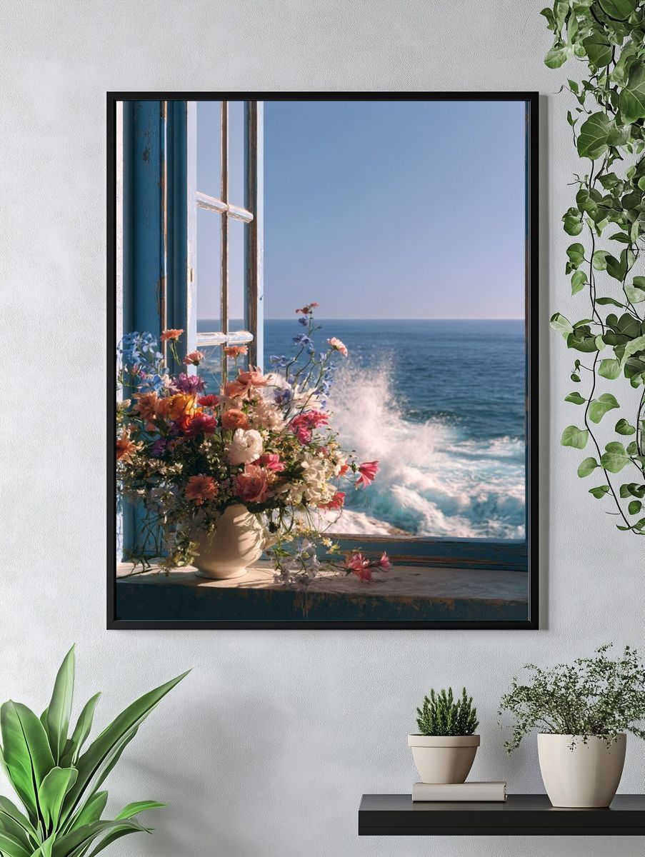 Seaside Window Flowers Photography Poster. — room view 4