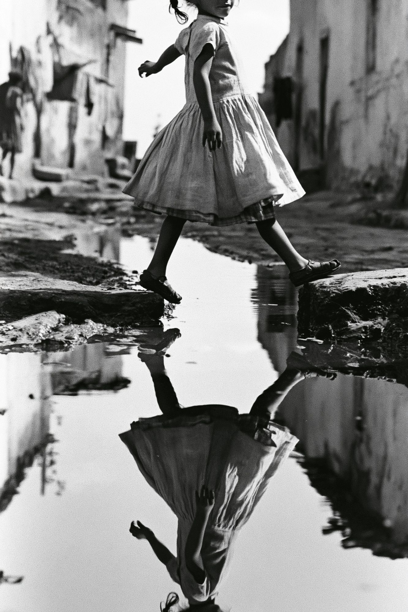 Girl Crossing Puddle Photography Poster. poster detail