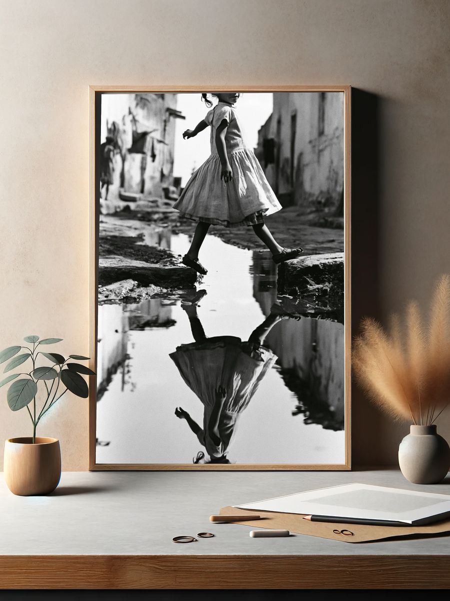 Girl Crossing Puddle Photography Poster. — room view 2